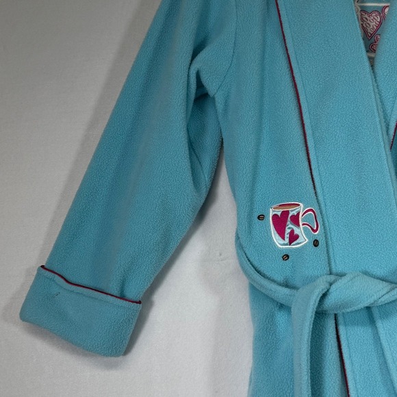 Fleece Bath Robe Medium Blue Coffee Cup Embroidered‎ Cozy Lounge Sleep Wear - Picture 3 of 10
